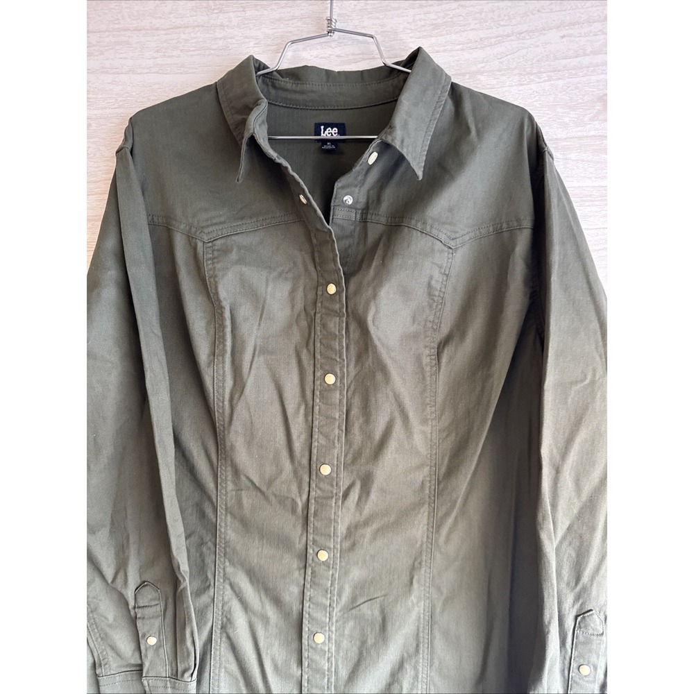 Lee brand Modern- Western Pearl Snap long-sleeve olive green shirt dress SzXL - Picture 2 of 7